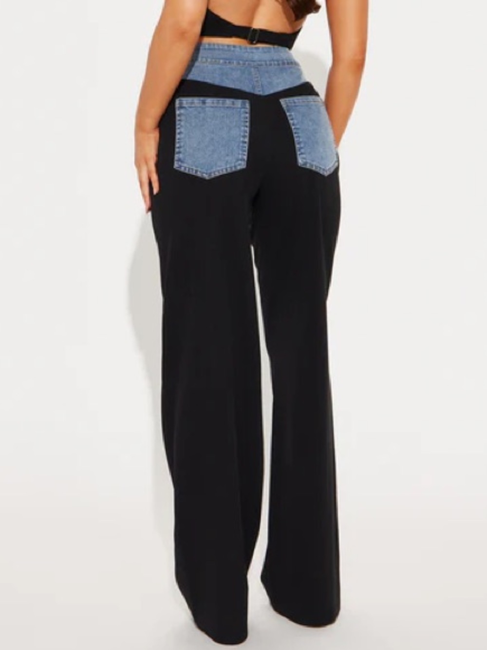 •Best Dressed• Black Straight Leg Pants w/ Denim Waist Detail | Y2K Trousers - Picture 2 of 4